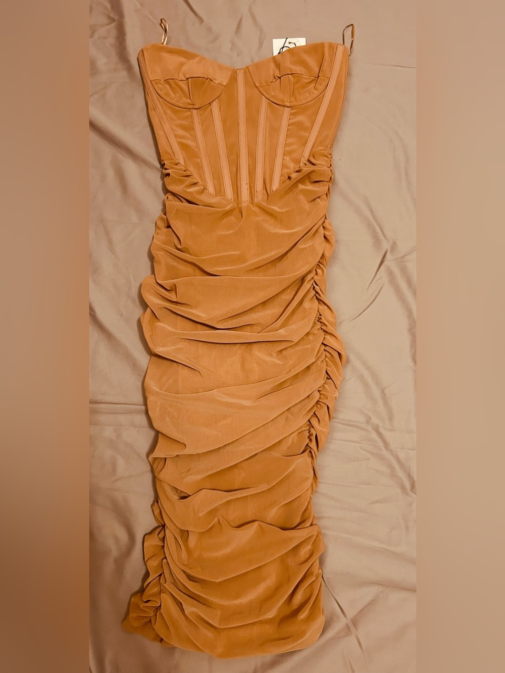 Bardot nude mesh lace Strapless Ruched Midi Dress in Camel Tan Size 2 NEW